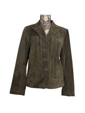 NWT Alfani Dark Olive Suede Jacket Shirt Button Down Collar Coat Womens SZ Large